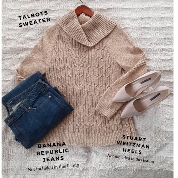 Talbots Women's Cable Knit Medium Cowl Neck Caramel Brown Sweater Long Sleeve - Picture 8 of 10